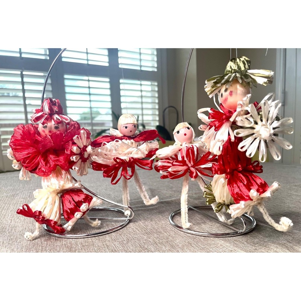 Kitsch Raffia Pipe Cleaners Doll Dancers Clowns Ornaments Mid Century Modern